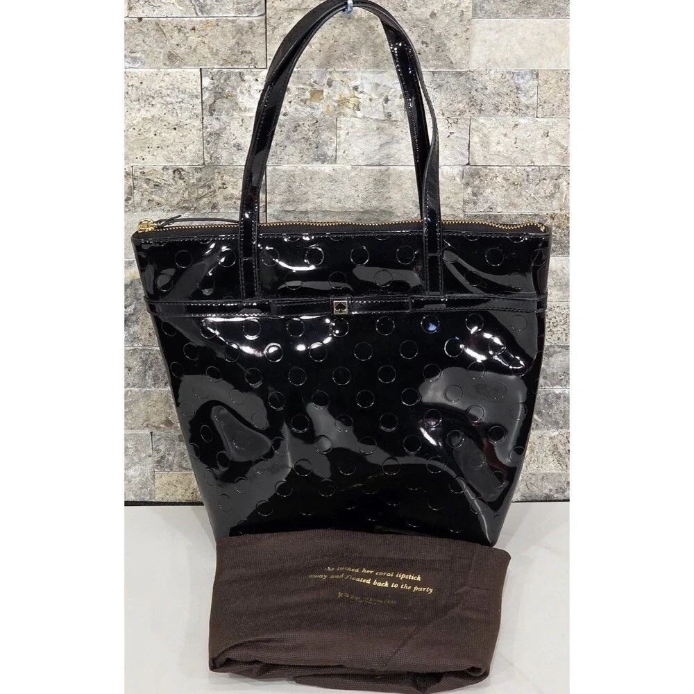 Kate Spade New York Tote Bag Black Patent Leather Bow Polka Dot Embossed Zip Top